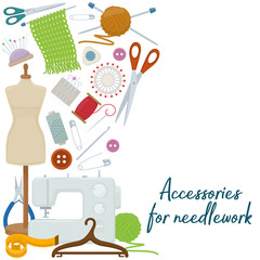 Set of tools for needlework and sewing. Handmade equipment and needlework accessoriesy, cartoon illustration. Vector