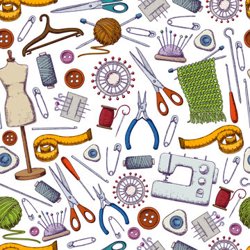 Seamless pattern of tools for needlework and sewing. Handmade equipment and needlework accessoriesy, colorful sketch illustration. Vector