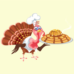 Cartoon thanksgiving turkey character holding pie, autumn holiday bird vector illustration happy greeting text on flyer or card on white background