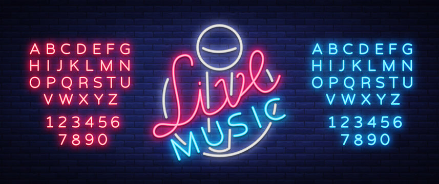 Live musical neon sign, logo, emblem, symbol poster with microphone. Vector illustration. Neon bright sign, Nightlife club advertising, karaoke and other institutions with music. Editing text neon