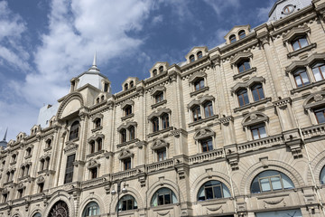 Fototapeta na wymiar Azerbaijan, Baku: Traditional front facade of a big building in the modern part of the capital.