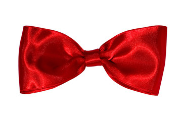 Red satin gift bow. Ribbon. Isolated on white.