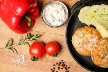 meat frying pan potatoes vegetables dish