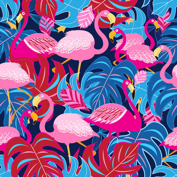 Beautiful bright tropical pattern of pink flamingos