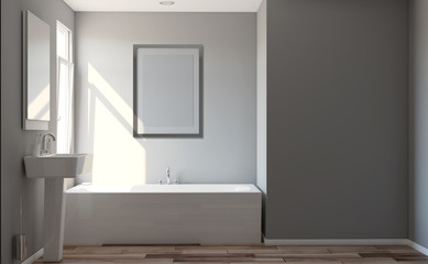Modern bathroom with large window. 3D rendering. Empty picture.