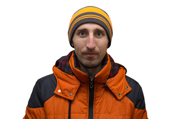A man in an orange winter jacket