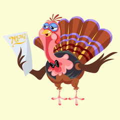 Cartoon thanksgiving turkey character holding menu, autumn holiday bird vector illustration happy greeting text on flyer or card on white background