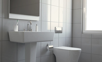 Modern bathroom with large window. 3D rendering.