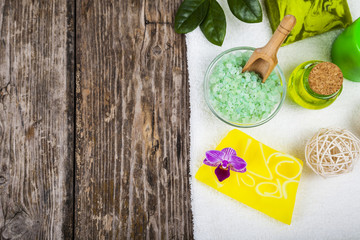 Spa treatments on a wooden table.