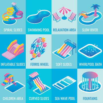 Vector water park attractions flat isometric icon set