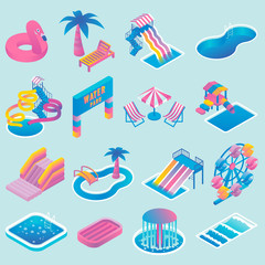 Vector water park flat isometric icon set
