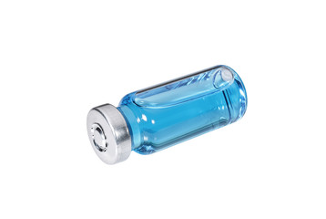 Medical phial with light blue vaccine on white background
