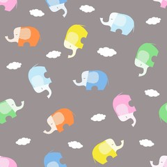 Obraz premium Seamless vector pattern with stylized, cartoonish, multi-coloured elephants on a brown background. Can be used for textile, website background, book cover, packing.