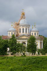 Fototapeta na wymiar Savior Transfiguration Cathedral close-up on a gloomy July day. Torzhok, Russia