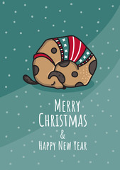 Christmas and New Year hand drawn doodle vector illustration with dog