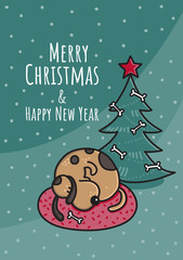 Christmas and New Year hand drawn doodle vector illustration with dog