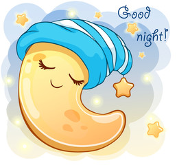 Cute cartoon crescent in the blue cap sleeping. Vector illustration is suitable for greeting cards and prints on t-shirts.