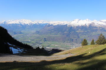 Aerial view of Liechtenstein (Upper Rhine valley), taken from the Alpspitz peak in Gaflei village in the municipality of Triesenberg.