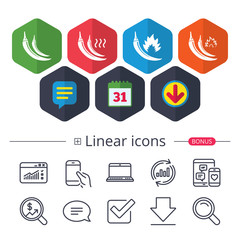 Hot chili pepper icons. Spicy food symbols.