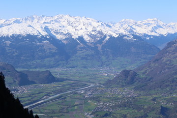 Aerial view of Liechtenstein (Upper Rhine valley), taken from the Alpspitz peak in Gaflei village in the municipality of Triesenberg.