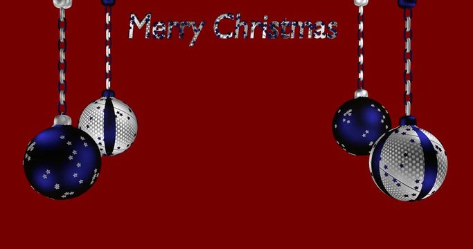funkelnde blaue und silberne Christbaumkugeln mit Text Frohe Weihnachten