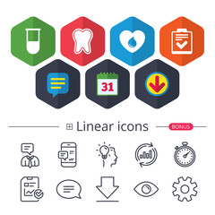 Medical icons. Tooth, test tube, blood donation.