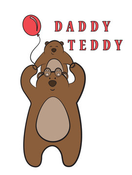 daddy teddy,father-bear and a small bear cub, fathers and children,child with a balloon, reeting card to parent, vector image,outline style,colorful characters