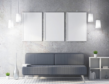 White frame mockup in modern interior, poster mock up 3d rendering