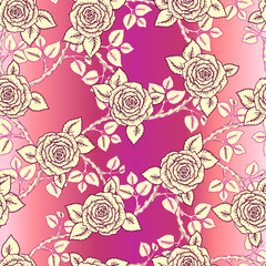 Beautiful pink and vintage yellow seamless pattern made of roses with stems and thorns.Hand-drawn contour lines and strokes. Sketch engraving style flowers and leaves. Intricate romantic background