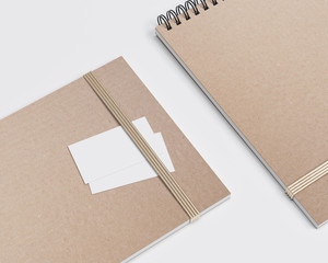 Sketchbook with business card, cartoon spiral notepad mockup, notebook 3d rendering