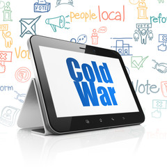 Politics concept: Tablet Computer with  blue text Cold War on display,  Hand Drawn Politics Icons background, 3D rendering