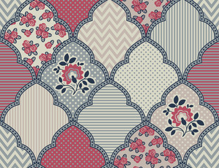Seamless pattern in vintage style. Patchwork decorative ornament with floral elements. Can be used on packaging paper, fabric, background for different images, etc.