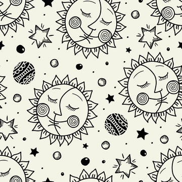 Seamless pattern with sun and moon. Freehand drawing. Can be used on packaging paper, fabric, background for different images, etc.