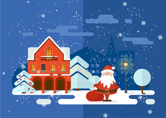 Merry Christmas and Happy New Year snowy city Background with Winter City Landscape. cozy house and trees. Christmas eve in old town.
Christmas greeting card background poster. Vector illustration