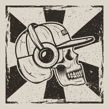Skull music side view vector vintage grunge design