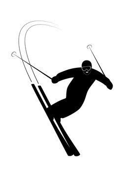 Smiling skier riding on skis on snow winter. Man on downhill on snowy slope. Vector ski club icon, logo or emblem isolated on white background.