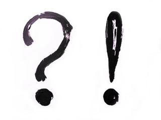 Set, interrogative and exclamation mark. Grunge pattern painted on a white background with black...