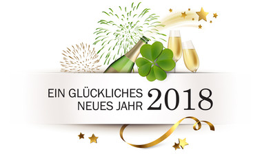 Silvester Banner mit Neujahrsmotiven - Feuerwerk, Sektflasche, Kleeblatt, Sektgläser und Sterne - Ein glüchliches neues Jahr 2018