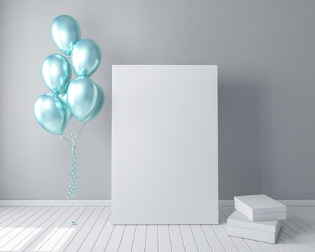 Color balloons with poster mock up 3d rendering