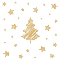 christmas tree stars scribble drawing card white background