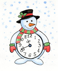 Рисунок акварелью "Часы - Снеговик в шляпе"