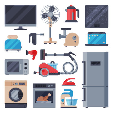 Home appliances domestic household equipment kitchen electrical domestic technology for homework vector illustration.