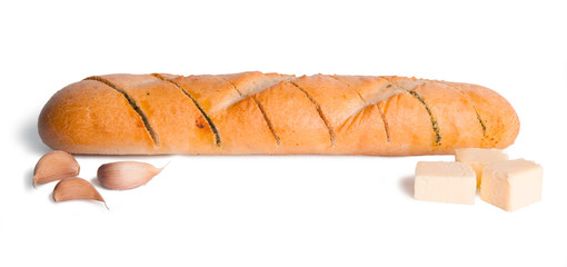 Garlic bread with garlic and butter isolated on white background
