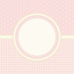 Primitive retro frame with lace and ribbon on polka dots and gingham background