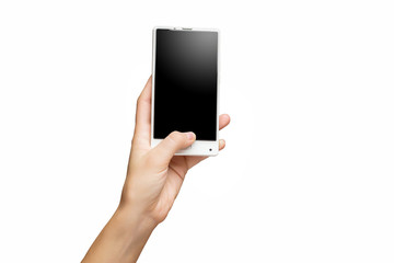 Mockup of female hand holding frameless cell phone with black screen isolated at white background.