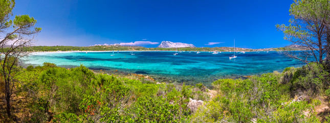 Cala Brandinchi beach with Isola Travolara in the background, red stones and azure clear water, Sardinia, Italy