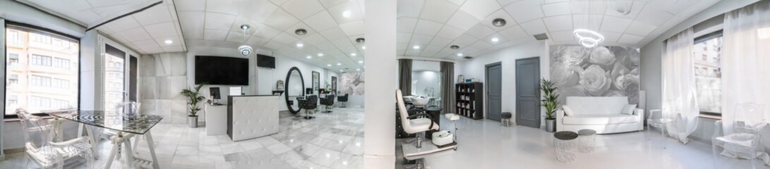 Fototapeta na wymiar Panoramic view of a modern bright beauty salon. Hair salon and pedicure interior business