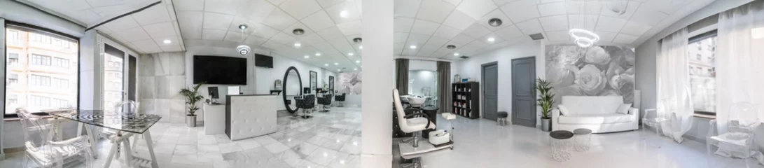 Fotobehang Panoramic view of a modern bright beauty salon. Hair salon and pedicure interior business © elroce