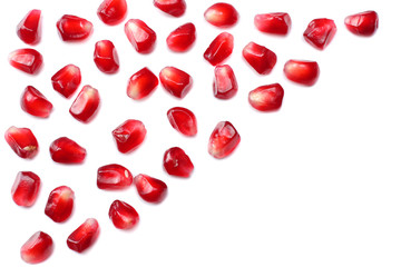 pomegranate seeds isolated on white background. top view. pomegranate berries.