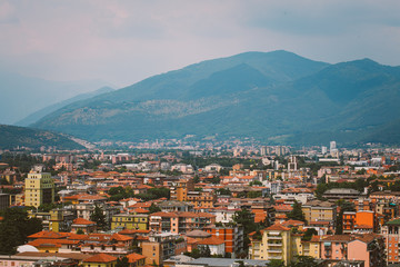 view of the European old town of Brescia in Italy pawnshop in summer